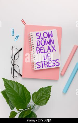 Handgeschriebenes Schild Slow Down Relax De Stress. Geschäftsansatz Pause Stresspegel reduzieren Ruhe bewahren Stockfoto