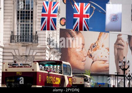 Nur vier Tage vor der Krönung von König Karl III., nach dem Tod seiner Mutter, Königin Elizabeth II. Im letzten Jahr, hängen Union Jack Flaggen neben digitaler Werbung am Piccadilly Circus, am 3. Mai 2023, in London, England. Stockfoto
