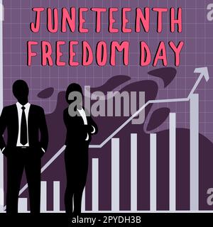 Schild mit der Aufschrift „Juneteenth Freedom Day“. Geschäftsbegriff gesetzlicher Feiertag in den Vereinigten Staaten zum Gedenken an das Ende der Sklaverei Stockfoto