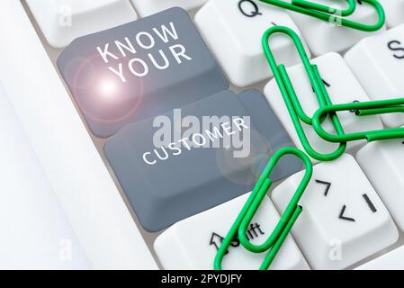 Textunterschrift zur Präsentation von Know Your Customer. Word für Marketing Erstellen einer Umfrage verbessern Sie das Produkt oder die Marke Stockfoto