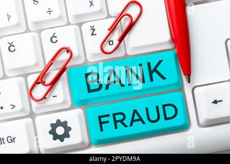 Schild mit Bankbetrug. Konzeptionelle, fotografische, absichtliche Perversion der Wahrheit, um einen anderen dazu zu bringen, sich von etwas zu trennen Stockfoto