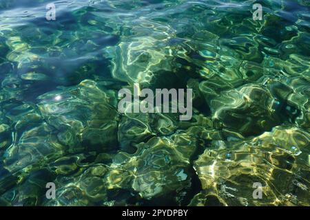 Grün azurblaue türkisblaue, transparente Meersalzwasserstruktur. Draufsicht der Wasseroberfläche und der Wellen. Wasserwellen im Hintergrund. Der felsige Boden mit Algen ist durch das kristallklare Wasser sichtbar Stockfoto