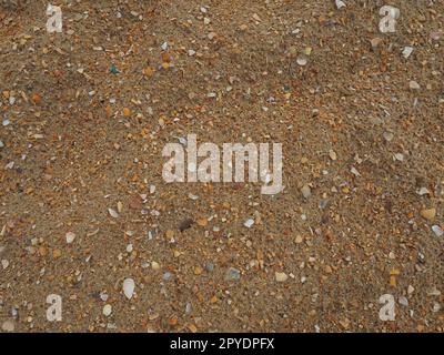 Sand mit Muschelhintergrund. Nasser grober Quarzsand. Kaputte Muscheln. Strand nach starkem Regen. Kieselgel. Quarzsand, natürlich braunes Material nach Sturm. Dellen von Tropfen im Sand. Anapa Stockfoto