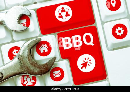 Konzeptionelle Bildunterschrift BBQ. Geschäftsansatz, der normalerweise im Freien erfolgt, indem Fleisch über Holz oder Holzkohle geraucht wird Stockfoto