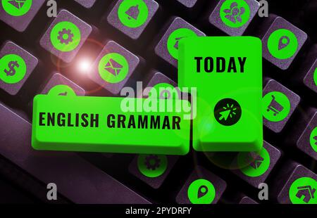 Inspiration mit Zeichen für englische Grammatik. Die Kurse zur Konzeptbedeutung decken alle Ebenen der englischen Sprache und des Schreibens ab Stockfoto