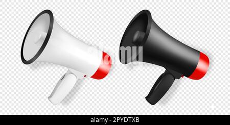 Vector Realistic 3D Simple White and Black Megaphone Symbolgruppe Nahaufnahme isoliert. Konstruktionsvorlage, Banner, Web. Vorlage Für Lautsprecherdesign. Ankündigung, A Stockfoto