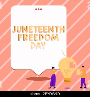 Handschriftlicher Text Juneteenth Freedom Day. Geschäftsübersicht gesetzlicher Feiertag in den Vereinigten Staaten zum Gedenken an das Ende der Sklaverei Stockfoto