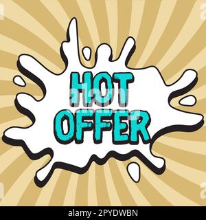 Schreiben von Text für „Hot Offer“. Wort für Produkt oder Programm, das zu reduzierten Preisen oder Tarifen angeboten wird Stockfoto