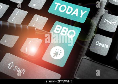 Konzeptionelle Bildunterschrift BBQ. Geschäftsideen werden normalerweise im Freien gemacht, indem Fleisch über Holz oder Holzkohle geraucht wird Stockfoto