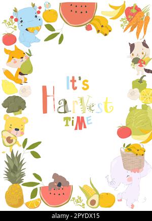 Niedlicher Cartoon-Rahmen mit Tieren mit Obst und Gemüse Stock Vektor