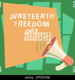 Schild mit der Aufschrift „Juneteenth Freedom Day“. Begriff "gesetzlicher Feiertag" in den Vereinigten Staaten zum Gedenken an das Ende der Sklaverei Stockfoto