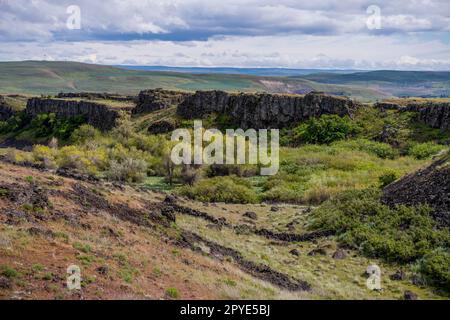 Von der Dalles Mountain Road in der Nähe von Lyle, Washington, USA aus könnt ihr Lava-Felsen und Basaltformationen (Vulkanformationen, die etwa 40-60 Millionen Jahre alt sind) bewundern. Stockfoto