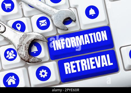 Schild mit Anzeige des Informationsabrufs. Konzept, das einen Ort bezeichnet, an dem Daten gespeichert und gefunden werden können Stockfoto
