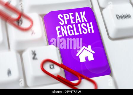 Die konzeptionelle Darstellung spricht Englisch. Business Concept Study eine weitere Fremdsprache Online verbale Kurse Stockfoto