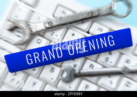 Schreiben mit Text Grand Opening. Business Approach Ribbon Cutting New Business – Einführung des ersten offiziellen Tages Stockfoto