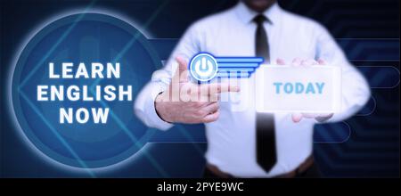 Textunterschrift präsentiert Englisch lernen jetzt. Geschäftskonzept Erwerb oder Erwerb von Kenntnissen und Fertigkeiten der englischen Sprache Stockfoto