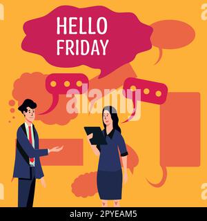 Handschriftlicher Text Hallo Freitag. Wort für Grüße an Freitagen, weil die Arbeitswoche zu Ende ist Stockfoto