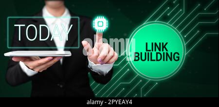 Textzeichen mit Link-Erstellung. Geschäftskonzept SEO Term Exchange Links erwerben indizierte Hyperlinks Stockfoto