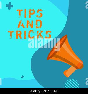 Konzeptionelle Beschriftung Tipps und Tricks. Ein Wort, das auf hilfreichen Hinweisen geschrieben wurde, die bestimmte Handlungen erleichtern Stockfoto