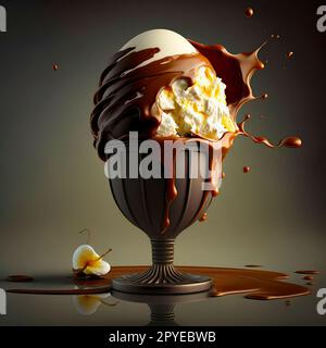 Ein Schmelzeis mit Vanilleeis, Schokoladensoße und Schlagsahne Stockfoto