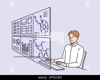 Mann, der an zahlreichen Computermonitoren mit Finanzdiagrammen und -Diagrammen arbeitet. Männlicher Angestellter mit Akten im Büro beschäftigt. Management und Technologie. Vec Stockfoto