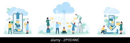 Cloud-Speicher für Datendateien Vektordarstellung festlegen. Cartoon Tiny People laden digitale Dokumente, Backups und Archive in Cloud-Dienste, Online-Organisation und Sicherheit von Ordnern und Katalogen hoch Stock Vektor