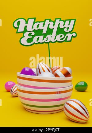 Viele Ostereier mit einem Schild und den Worten Happy Easter Stockfoto