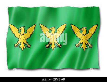 Flagge von Caernarfonshire County, Großbritannien schwenkt Bannersammlung. 3D-Abbildung Stockfoto