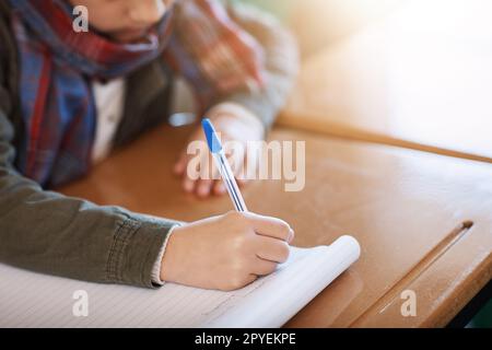 Ihre Träume aufschreiben. Ein nicht wiedererkennbares Mädchen der Grundschule, das im Klassenzimmer ein Arbeitsbuch schreibt. Stockfoto