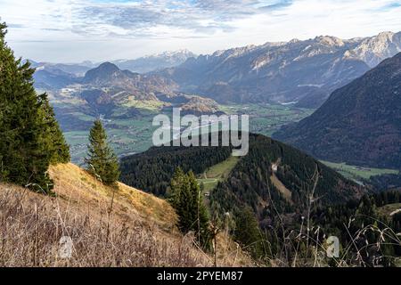 Riesige Bergkette, Wald und Wiesen der deutschen Alpen Stockfoto