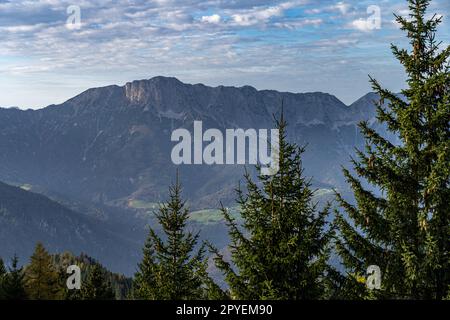 Riesige Bergkette, Wald und Wiesen der deutschen Alpen Stockfoto