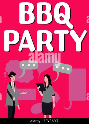 Konzepttitel: BBQ-Party. Das Geschäftskonzept wird in der Regel im Freien umgesetzt, indem Fleisch über Holz oder Holzkohle geraucht wird Stockfoto