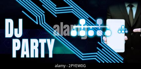Inspiration mit DJ-Partyschild. Konzept bedeutet Person, die aufgezeichnete populäre Musik im Radio vorstellt und wiedergibt Stockfoto