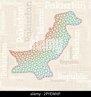 PAKISTANISCHES Kartendesign. Ländernamen in verschiedenen Sprachen und Kartenform mit geometrischen Dreiecken mit niedrigen Poly-Werten. Klassische Vektordarstellung von Pakistan. Stock Vektor