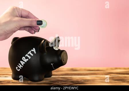 Hand legt eine Münze in ein schwarzes Sparschwein mit einem Kreideanhänger auf pinkfarbenem Hintergrund, Spende- und Wohltätigkeitskonzept. Stockfoto