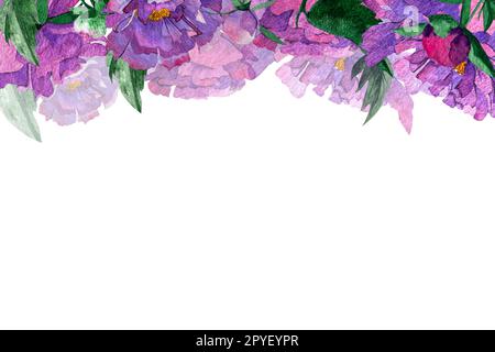 Aquarell mit Pfingstrosen. Karte mit Pfingstrosen in Aquarellfarben. Damenkarte, Hochzeitstag. Weißer Hintergrund Stockfoto