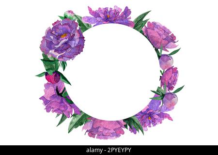 Aquarell mit Pfingstrosen. Karte mit Pfingstrosen in Aquarellfarben. Damenkarte, Hochzeitstag. Weißer Hintergrund Stockfoto