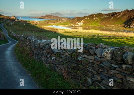 Grasgesäumte Straße auf der Insel Inishbofin auf dem Wild Atlantic Way in der Grafschaft Galway in Irland Stockfoto