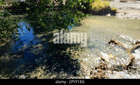 Winziger, klarer, kalter Fluss mit Felsen in den Arkhyz Bergen - Foto der Natur Stockfoto