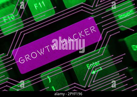 Inspiration mit dem Zeichen „Growth Hacker“. Wortwahl, das im Allgemeinen geschrieben wurde, um so viele Benutzer oder Kunden wie möglich zu gewinnen Stockfoto