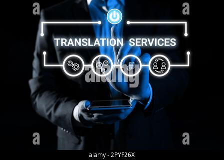Konzeptionelle Darstellung Übersetzungsservices. Ein Wort, das über das Unternehmen geschrieben wurde und den Menschen die Möglichkeit gibt, Sprache zu übersetzen Stockfoto