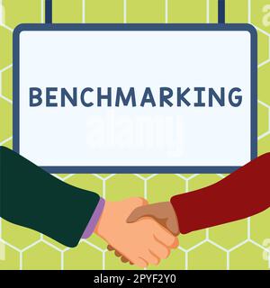 Handschriftliches Zeichen-Benchmarking. Geschäftsidee Bewerten Sie etwas im Vergleich zu einer Standardstrategie Stockfoto