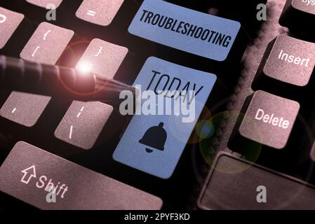 Schild zeigt Fehlerbehebung an. Geschäftsüberblick eine Untersuchung oder Behandlung der Probleme ist aufgetreten Stockfoto
