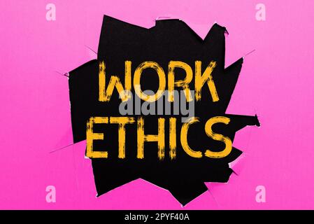 Text, der die Arbeitsethik für Inspiration zeigt. Geschäftsansatz Eine Reihe von Werten, die sich auf die Wichtigkeit der Arbeit konzentrieren Stockfoto