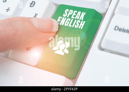 Die konzeptionelle Darstellung spricht Englisch. Business Showcase Studieren Sie eine andere Fremdsprache Online-verbale Kurse Stockfoto