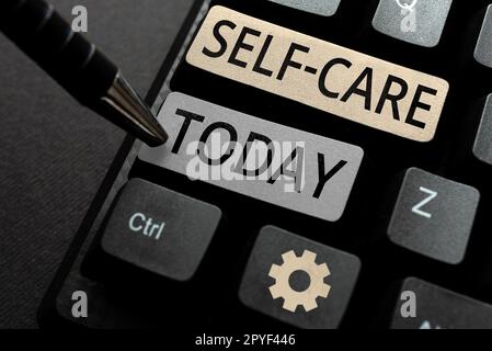 Textunterschrift für die Präsentation der Selbstpflege. Internet-Konzept die Praxis, Maßnahmen zur Verbesserung der eigenen Gesundheit zu ergreifen Stockfoto