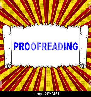 Textbeschriftung zur Darstellung des Korrekturlesens. Geschäftsansatz: Lesen und Markieren von Rechtschreibfehlern, Grammatik- und Syntaxfehlern Stockfoto