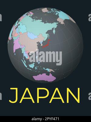 Weltkarte mit Schwerpunkt auf Japan. Rotes Land hervorgehoben. Satellitenansicht der Welt mit dem Namen des Landes. Vektorabbildung. Stock Vektor