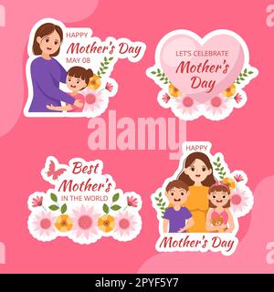 „Happy Mother Day“-Label Flacher Cartoon Handgezeichnete Vorlagen Hintergrundabbildung Stockfoto