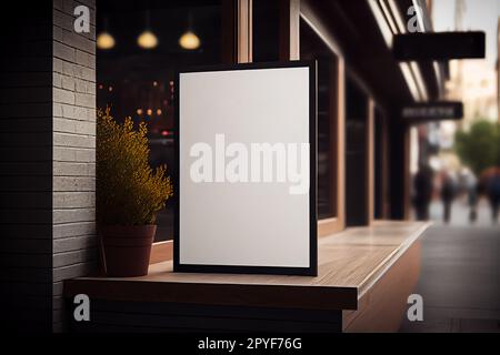 Modelletikett, leerer Speisenrahmen im Bar-Restaurant. Ständer für Broschüren mit weißem Papier auf einer hölzernen Tischkantine Stockfoto